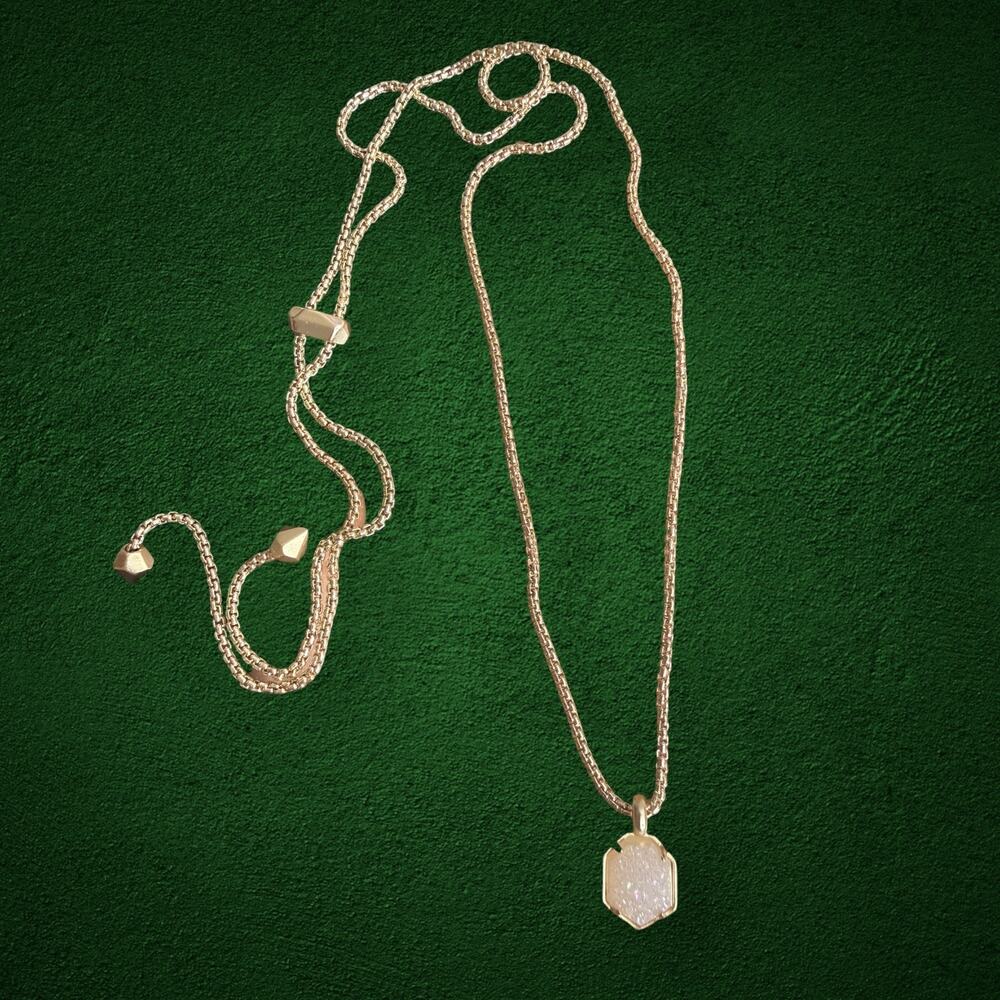 Kendra Scott Gold Tone 30” Adjustable Lariat Necklace White Druzy Pendant